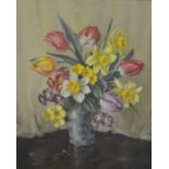 William Johnson, Still life of flowers, Tulips, Daffodils and Polyanthus, oil on canvas, 29 x 24cms,