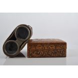 Japanese 25 x 30mm telescope, (cased), a pair of binoculars and a Spanish leather box, (3).