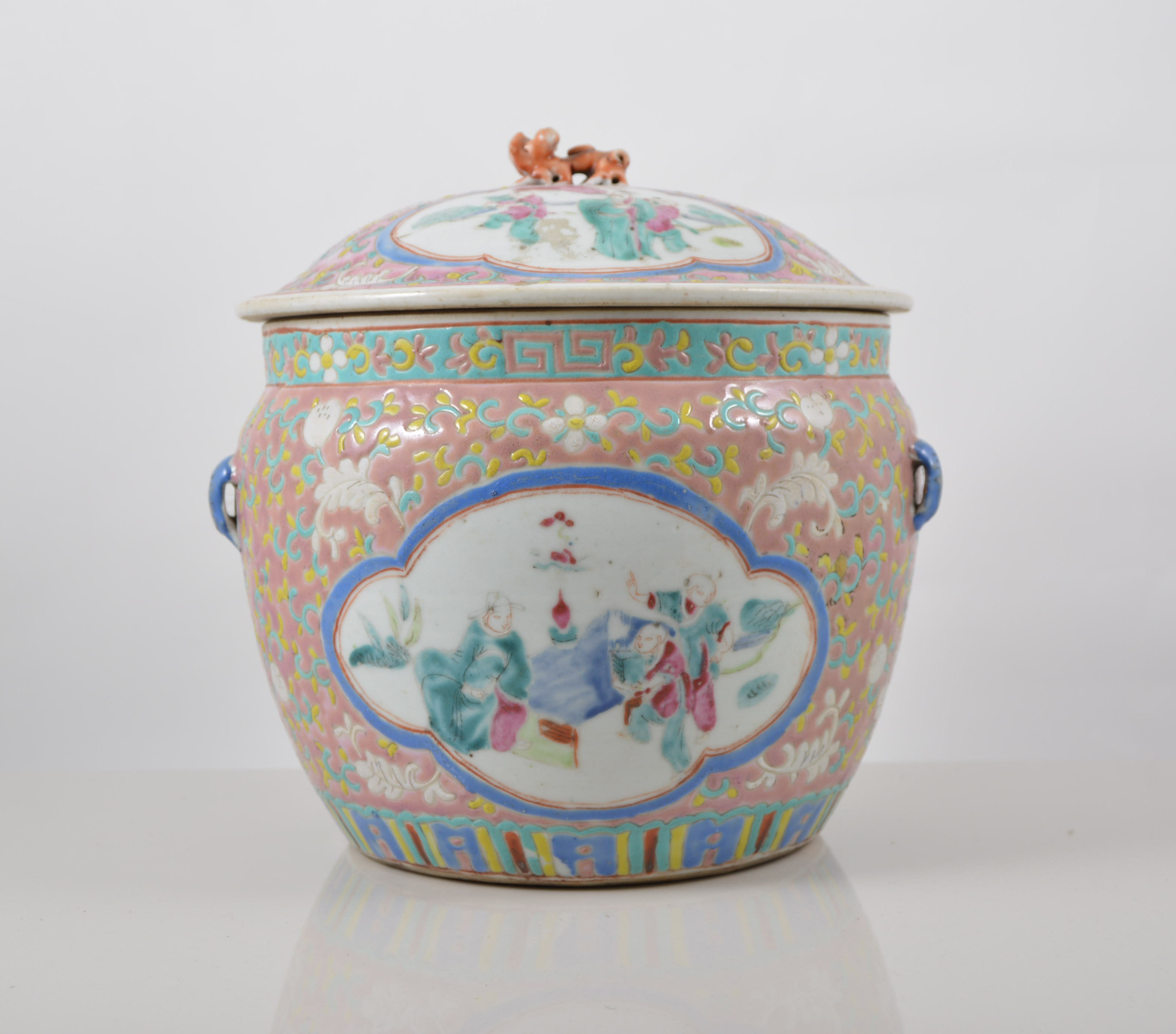 Chinese pink ground covered jar, quatrefoil shaped reserves,