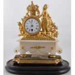 French gilt metal and alabaster mantel clock, off centre drum with white enamel dial,