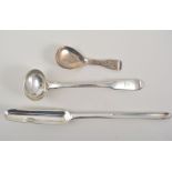 Nine items of silver flatware, to include a marrow scoop, caddy spoon, two ladles,