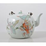 Chinese wine pot, decorated with a narrative scene in famille rose enamels, metal handle,