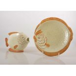 Pottery fish set in cream with golden brown outlines comprising fish shaped platter 36cm x 23cm,