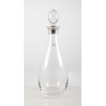 Modern glass pear shape decanter, with a silver collar, 33cm.