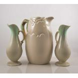 Clarice Cliff, "Beechwood" green leaf jug, 25cm, pair of matt glaze dishes and matching jugs, (5).