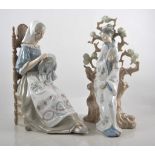 Lladro figure of a Japanese girl, 32cm, another Lladro figure, a Nao figure, and a Lladro Goose,