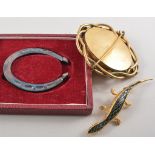Agate brooch, pinchbeck brooch frame, lizard brooch, silver horseshoe and costume jewellery,