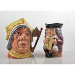 Royal Doulton Toby jug, Jolly Toby, 16cm and five large Doulton character jugs, The Red Queen,