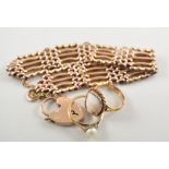 Rose coloured metal five bar gate link bracelet with padlock fastener, stamped 9ct, two rings,