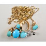 Collection of turquoise jewellery, some matching, comprising two pendants and chains,