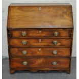 George III mahogany bureau, fall front enclosing an interior fitted with cupboard,