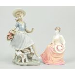 Lladro porcelain model, Girl with a Dog, height 26cm, boxed and three Coalport figures,