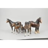 Beswick pottery model of a Shire horse, brown, height 22cm, two other Beswick horse models,