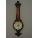 Victorian oak banjo barometer, circular dial, carved case, length 110cm.