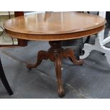 Victorian mahogany breakfast table, circular tilt top with a moulded edge, turned column,