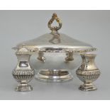 Pair of silver plated telescopic table candlesticks, circular bases, maximum height 26cm, a tray,