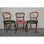 Pair of Victorian mahogany dining chairs, balloon backs, serpentine seats, fluted legs,