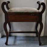 Edwardian stained wood music stool, boxed seat, scrolled legs, width 56cm, height 61cm.