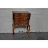 Modern walnut bowfront side cabinet, two fall leaves, carved edge with three drawers, cabriole legs,