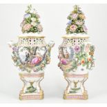 Pair of Meissen style porcelain urn shaped vases, pierced and moulded decoration,