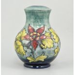 Moorcroft baluster shaped lamp base, Honeysuckle pattern on shaded blue ground, 27cm.