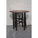 Pair of part painted kitchen stools, and an Indian stained wood folding tray with a brass tray top,