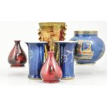Pair of Crown Ducal Spectria flambe bottle vases, one restored, 10cm,