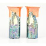 Pair of Wilkinsons pottery lustre vases, circa 1925, cylindrical form, decorated with sailing boats,