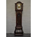 Modern longcase clock, Dutch marquetry style, arched hood, glazed door, bombe shaped base,