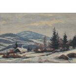 A Prochazka, Winter landscape with Timber Lodges, oil on board, signed,