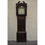 Mahogany longcase clock, swan neck pediment, hood with turned columns,