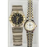 Omega style Quartz wristwatch, steel bracelet strap and a Rolex style lady's wristwatch,