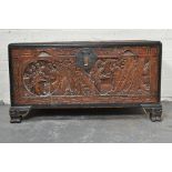Singapore carved camphor wood blanket box, rectangular form, lid decorated in relief with figures,