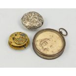 Various pocket watch movements, white metal pocket watch case and two Victorian photographs.