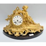 19th Century French ormolu mantel clock, figure surround, circular enamelled dial,