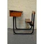 Oak and steel school desk, width 62cm, height 80cm.