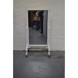 Victorian white painted mahogany cheval mirror, rectangular adjustable plate,