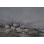 After Thomas Sidney Cooper, Sheep and Cattle resting, watercolour over a colour print, 30cm x 45cm.