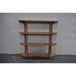 Pine open wall shelf, bowfront shelves, width 93cm.