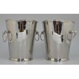 Pair of nickel plated wine coolers, shaped tops, ring handles, height 23cm.