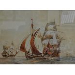 Ancient Sailing Ships with a Paddle Ship in the distance, unsigned, watercolour,