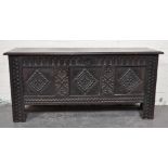 Oak coffer, rectangular hinged boarded top with a moulded edge and nulled frieze,