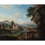 Dutch School late 18th Century River landscape with figures oil on chamfered oak panel 19cm x