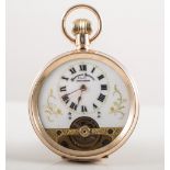 A Hebdomas Patent Swiss 8 day open face pocket watch with visible escapement,