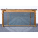 A Regency design gilt wood and gesso overmantel, 19th Century, tripartite plate,