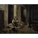 Follower of Fortunino Matania Boy with his Meal, Cat and Chickens Oil on canvas,