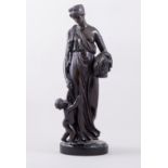 A French bronze figure Classical maiden and child the woman holding a basket of grapes on a