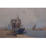 Hubert Coop Ship moored in an estuary signed watercolour 34cm x 53cm.