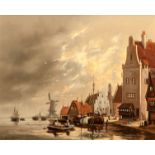 Barbara Gudrun Sibbons Dutch Town from a River signed oil on canvas 41cm x 51cm.