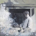 Robert King Mr Merry Feeding The Pigeons signed oil on canvas 75cm x 75cm Provenance: Acquired